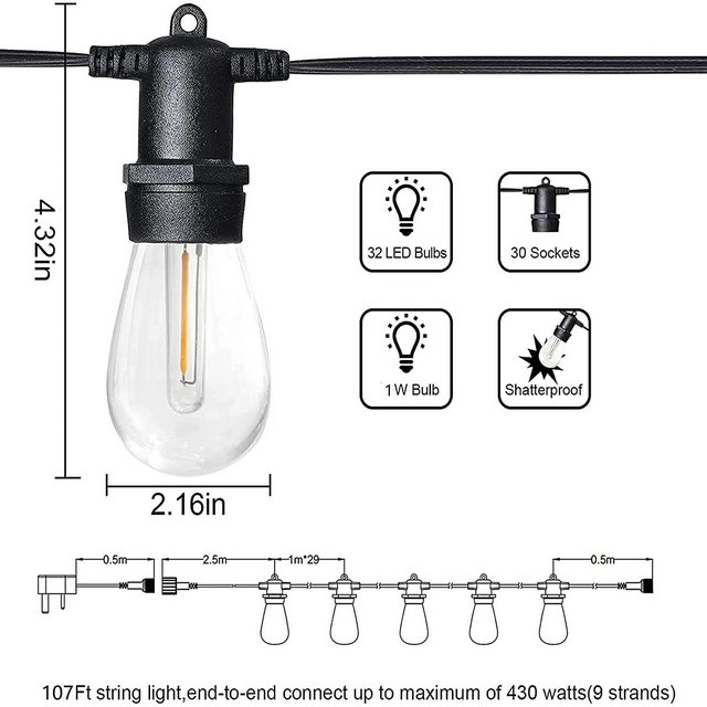 Maihaha 107FT Outdoor Garden LED String Lights 32X1W LED Bulbs Garden String