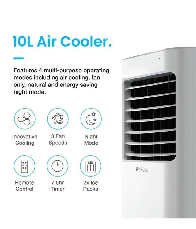 Pro Breeze 10L Portable Air Cooler With 4 Operational Modes 3 Fan Speeds