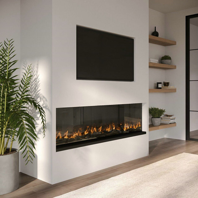 Amberglo Black Inset Media Wall Electric Fireplace With Glass Configurated