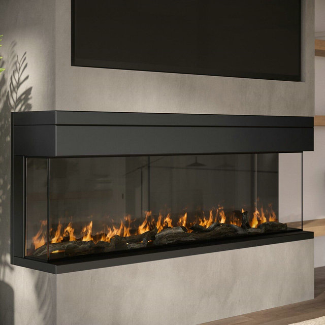 Amberglo Black Inset Media Wall Electric Fireplace With Glass Configurated