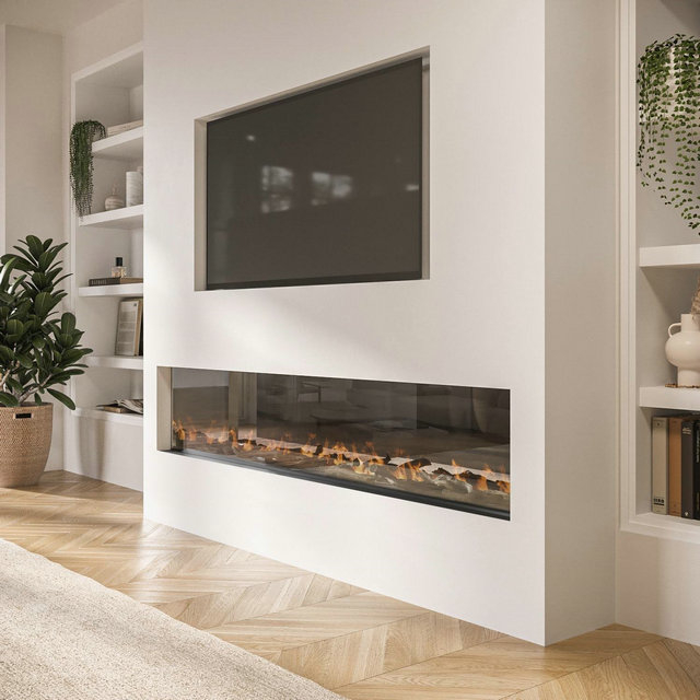 Amberglo Black Inset Media Wall Electric Fireplace With Glass Configurated