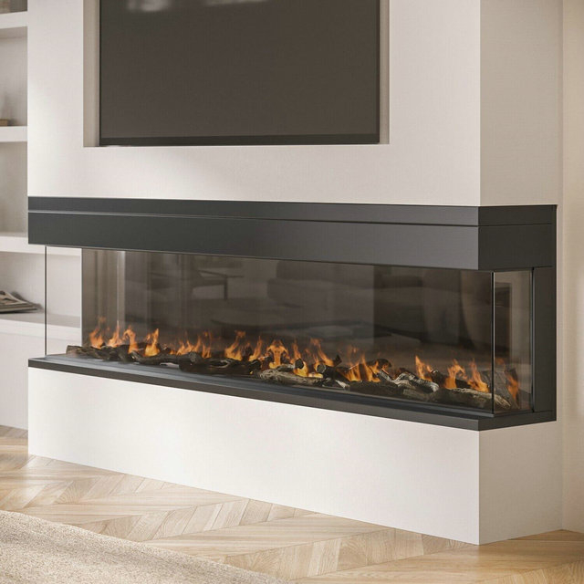 Amberglo Black Inset Media Wall Electric Fireplace With Glass Configurated