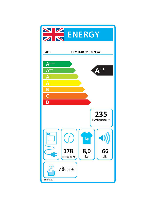 AEG TR718L4B White 7000 SensiDry Heat Pump 8kg Tumble Dryer